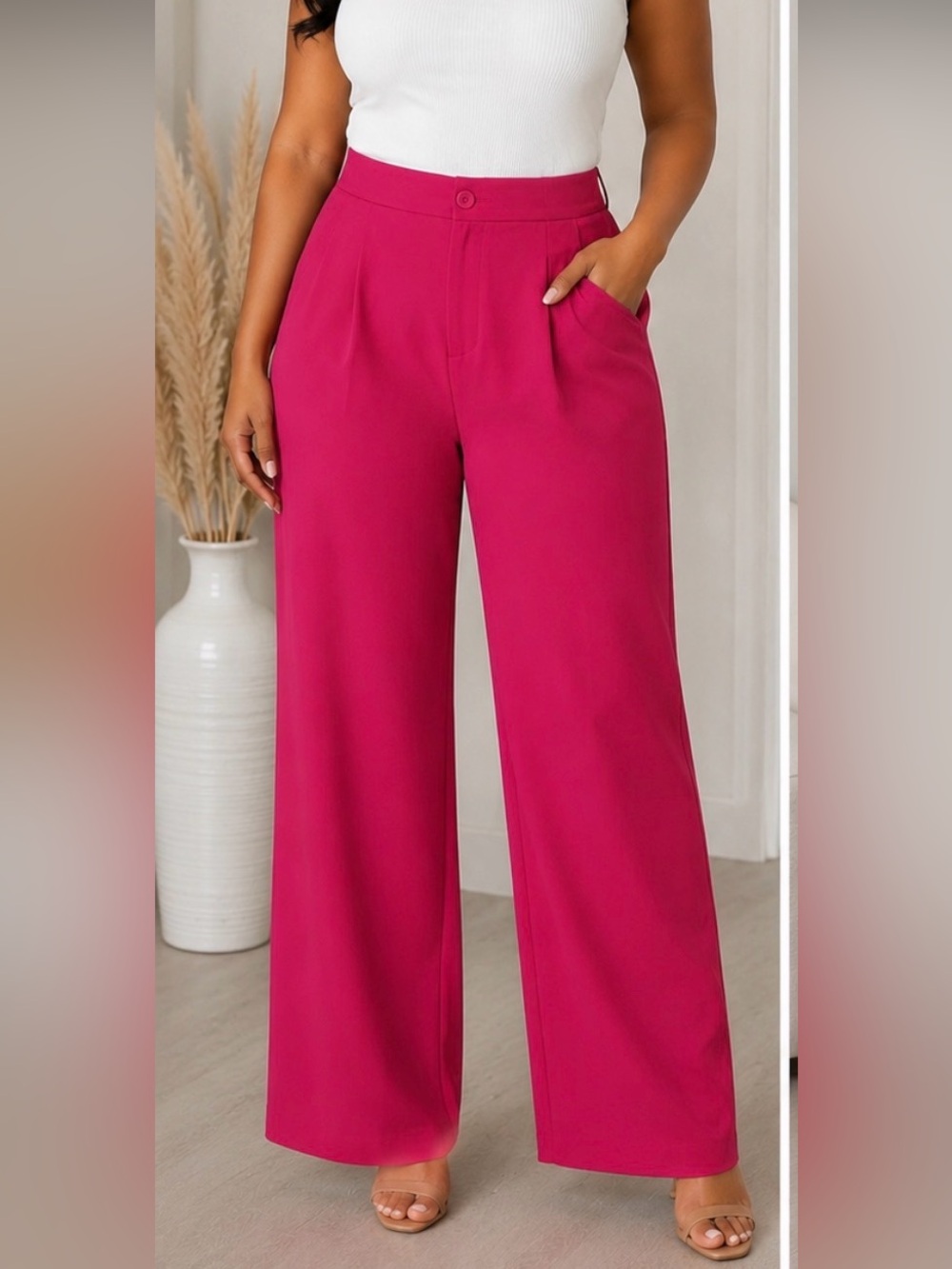 Women’s Hot Pink Wide Leg Dress Pants High Waisted Pleated Trousers XG